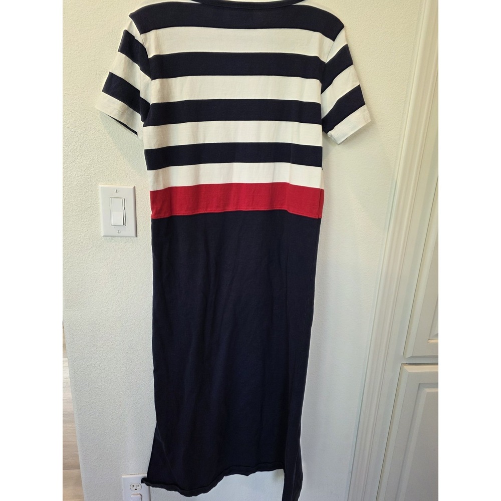 VTG Liz Claiborne Nautical MaxiDress Sz M SideSlit Cotton NavyRedStripe Coastal - Picture 4 of 4